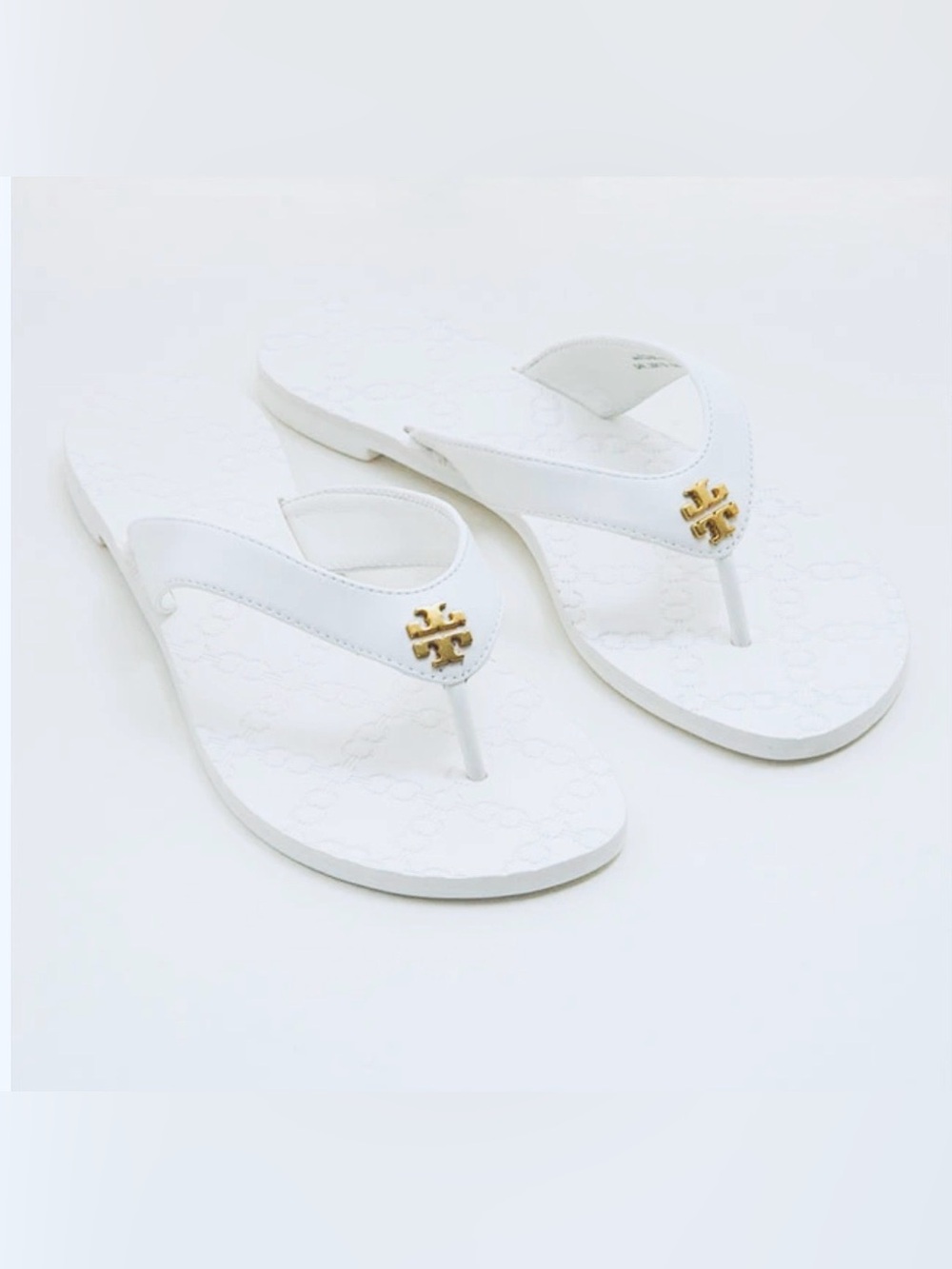 Tory Burch Monroe Gemini Detail White Leather Flip Flop Sandals with Gold Logo
